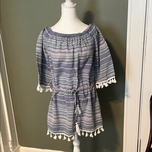 Blue Island Navy and White fringed Striped tunic
